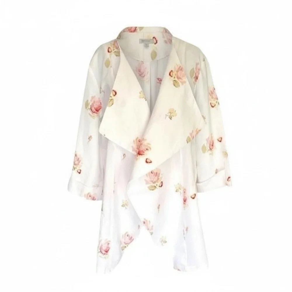 FOR CYNTHIA WOMEN'S FLORAL LINEN‎ / OPEN FRONT DRAPED DUSTER TOPPER COAT, MEDIUM - Picture 2 of 11